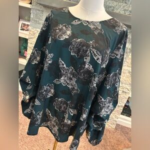 Eloquii Teal and Black Floral Blouse